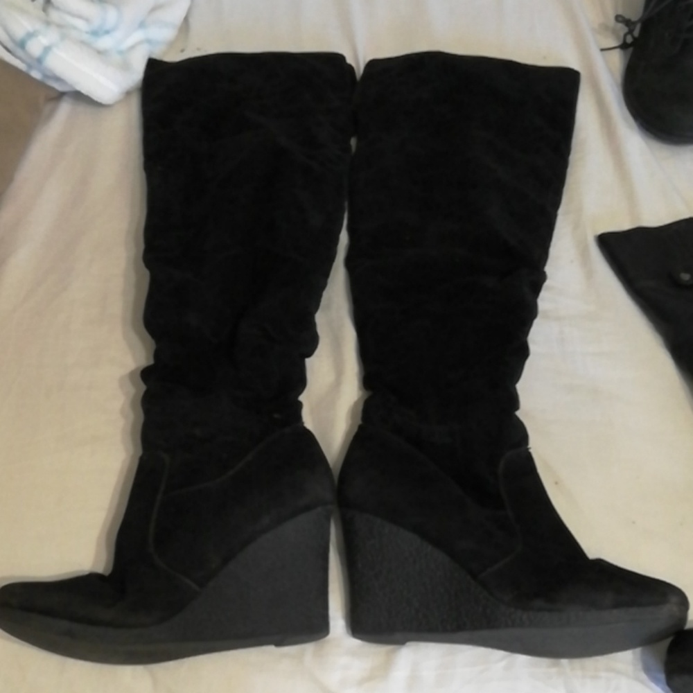 Thigh high. Black. Suede. Wedge boots.